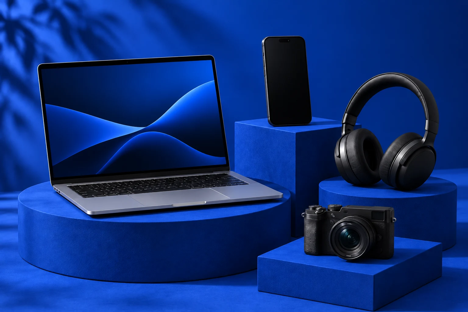 Laptop, smartphone, kamera, dan headphone